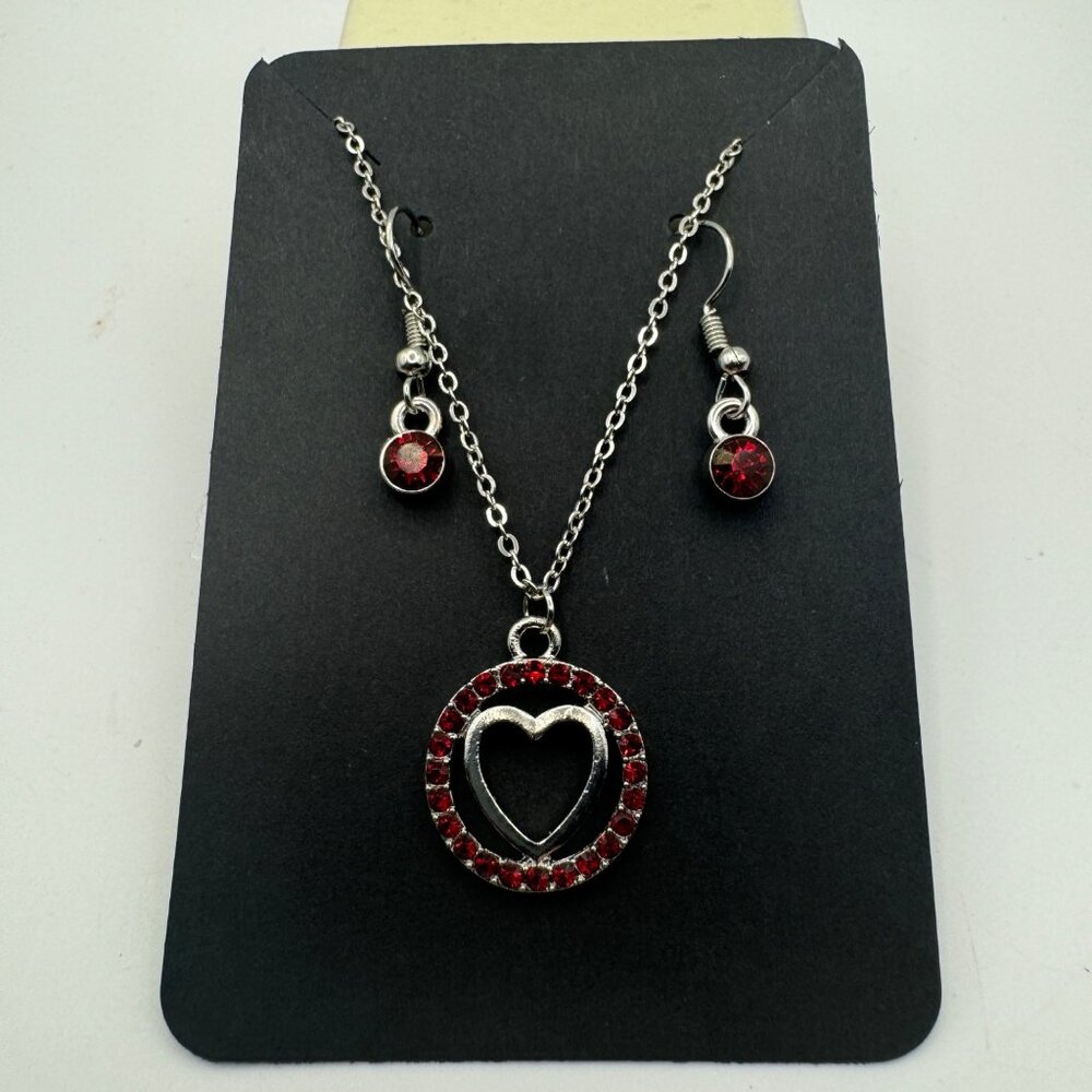 Heart Pendant Necklace & Earrings Set With Red Rhinestones